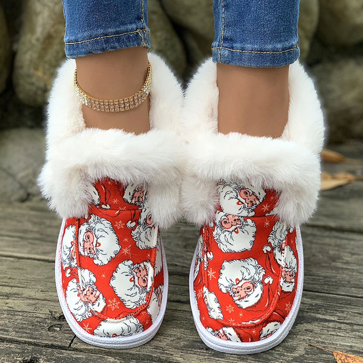 Women's Santa Print Snow Boots Plush Lined High Top Shoe