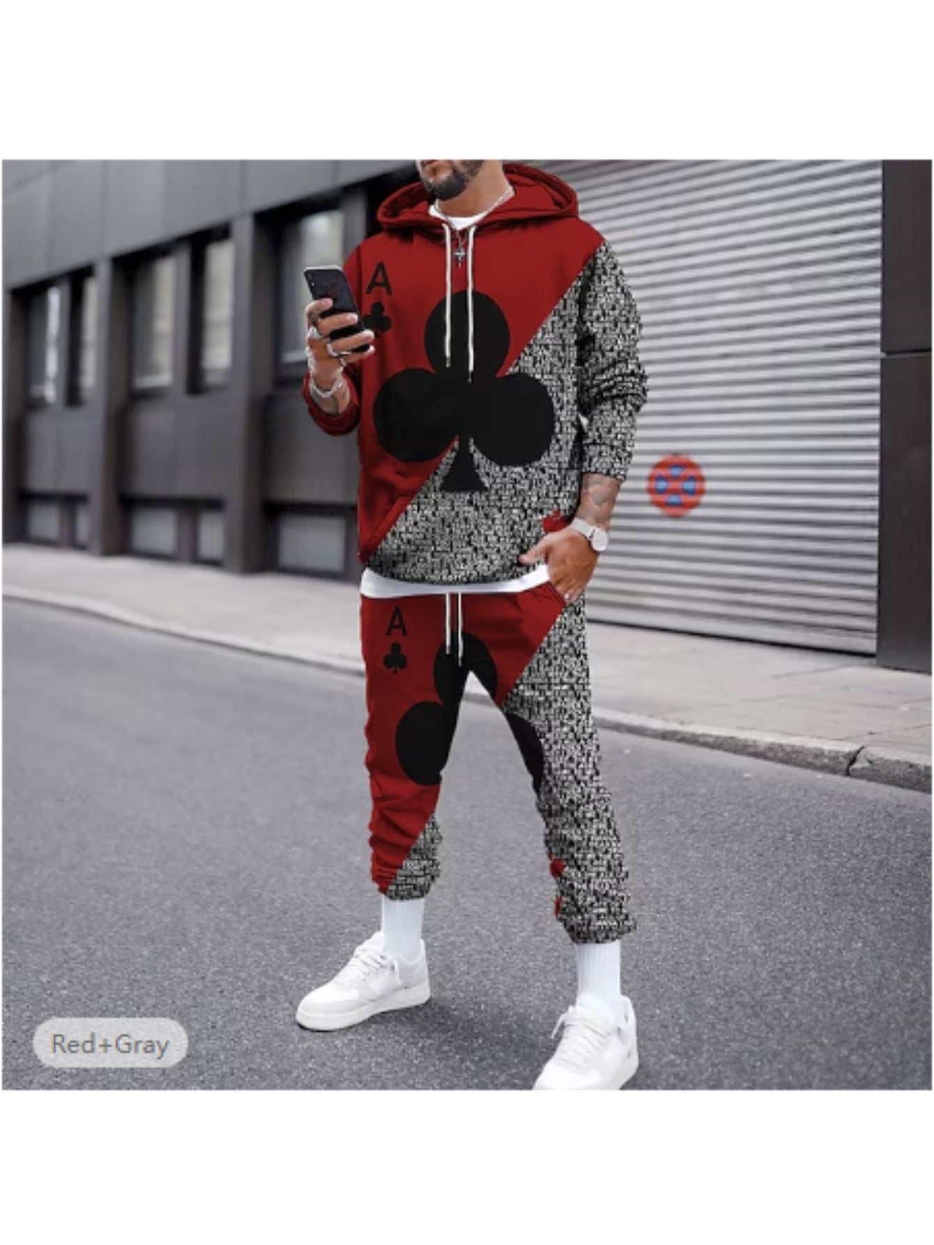 Men's Poker Print 2pcs Hoodie and Sweatpants Set for Autumn Winter