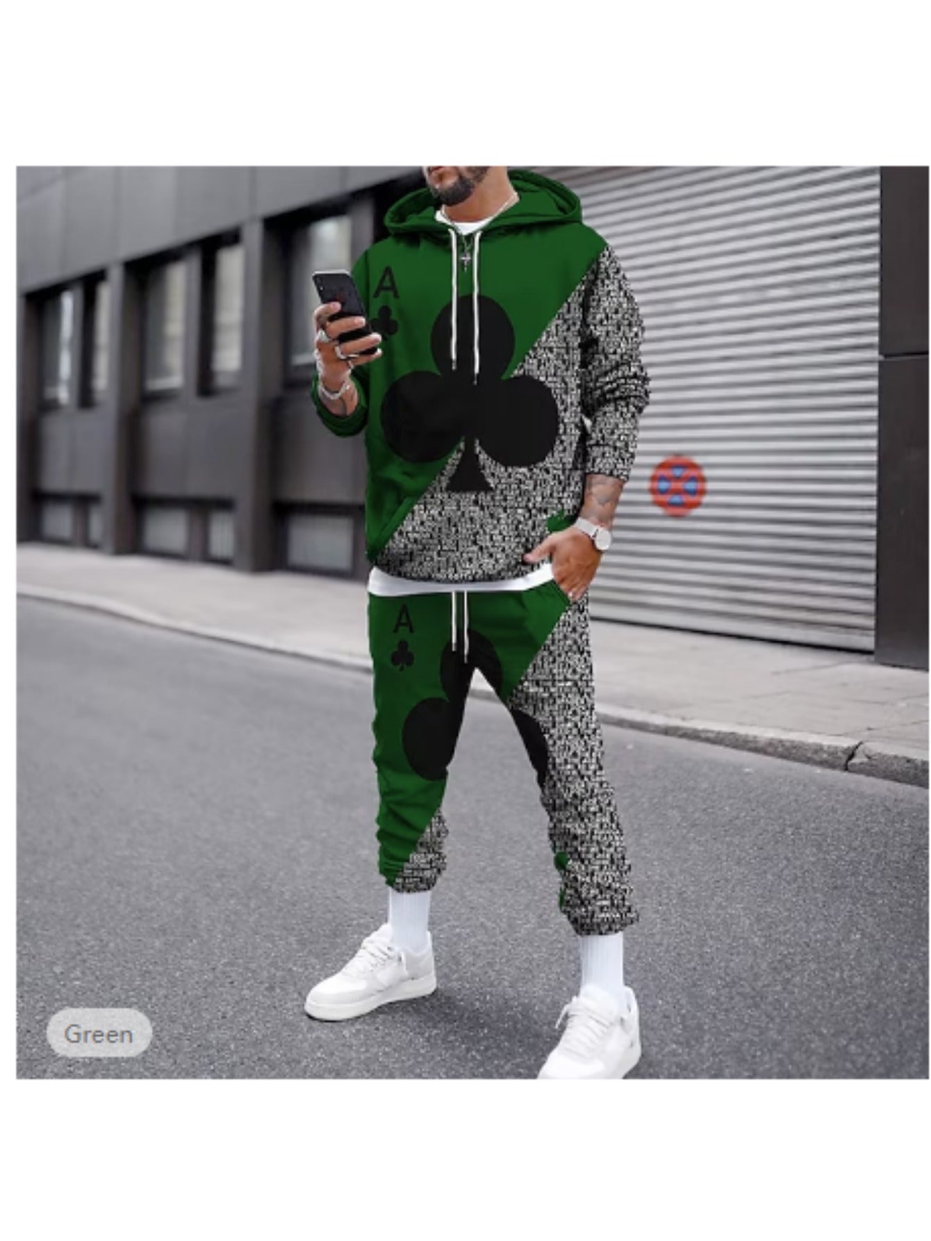 Men's Poker Print 2pcs Hoodie and Sweatpants Set for Autumn Winter