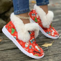 Christmas Print Pink Plush Lined Furry Snow Shoes Wear Resistance Non Slip Flat