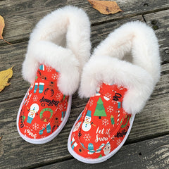 Christmas Print Pink Plush Lined Furry Snow Shoes Wear Resistance Non Slip Flat