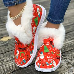 Christmas Print Pink Plush Lined Furry Snow Shoes Wear Resistance Non Slip Flat