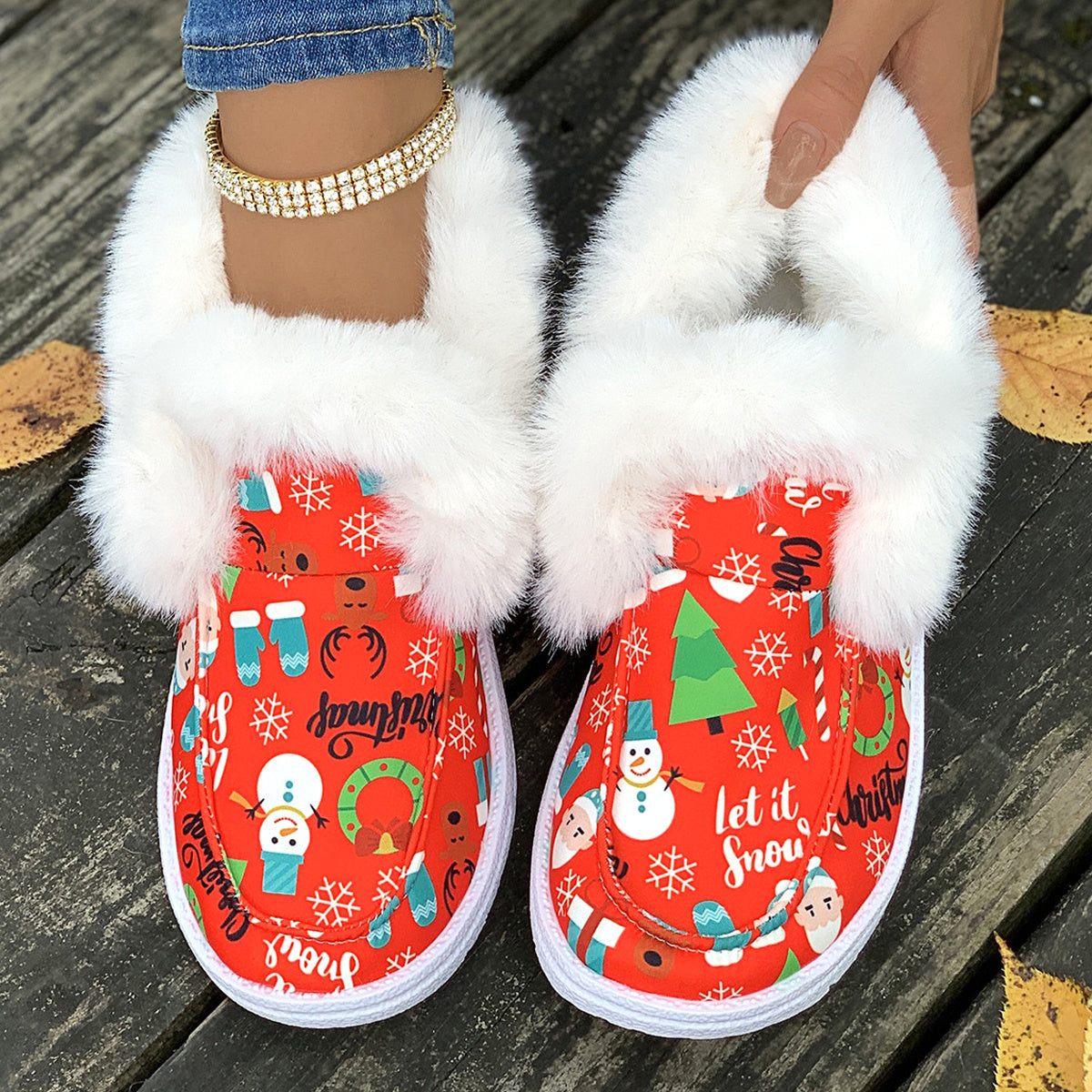 Christmas Print Pink Plush Lined Furry Snow Shoes Wear Resistance Non Slip Flat