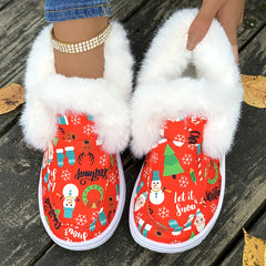 Christmas Print Pink Plush Lined Furry Snow Shoes Wear Resistance Non Slip Flat