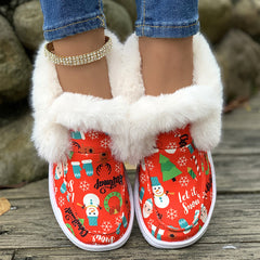 Christmas Print Pink Plush Lined Furry Snow Shoes Wear Resistance Non Slip Flat