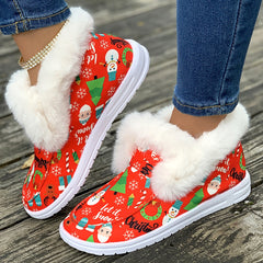 Christmas Print Pink Plush Lined Furry Snow Shoes Wear Resistance Non Slip Flat