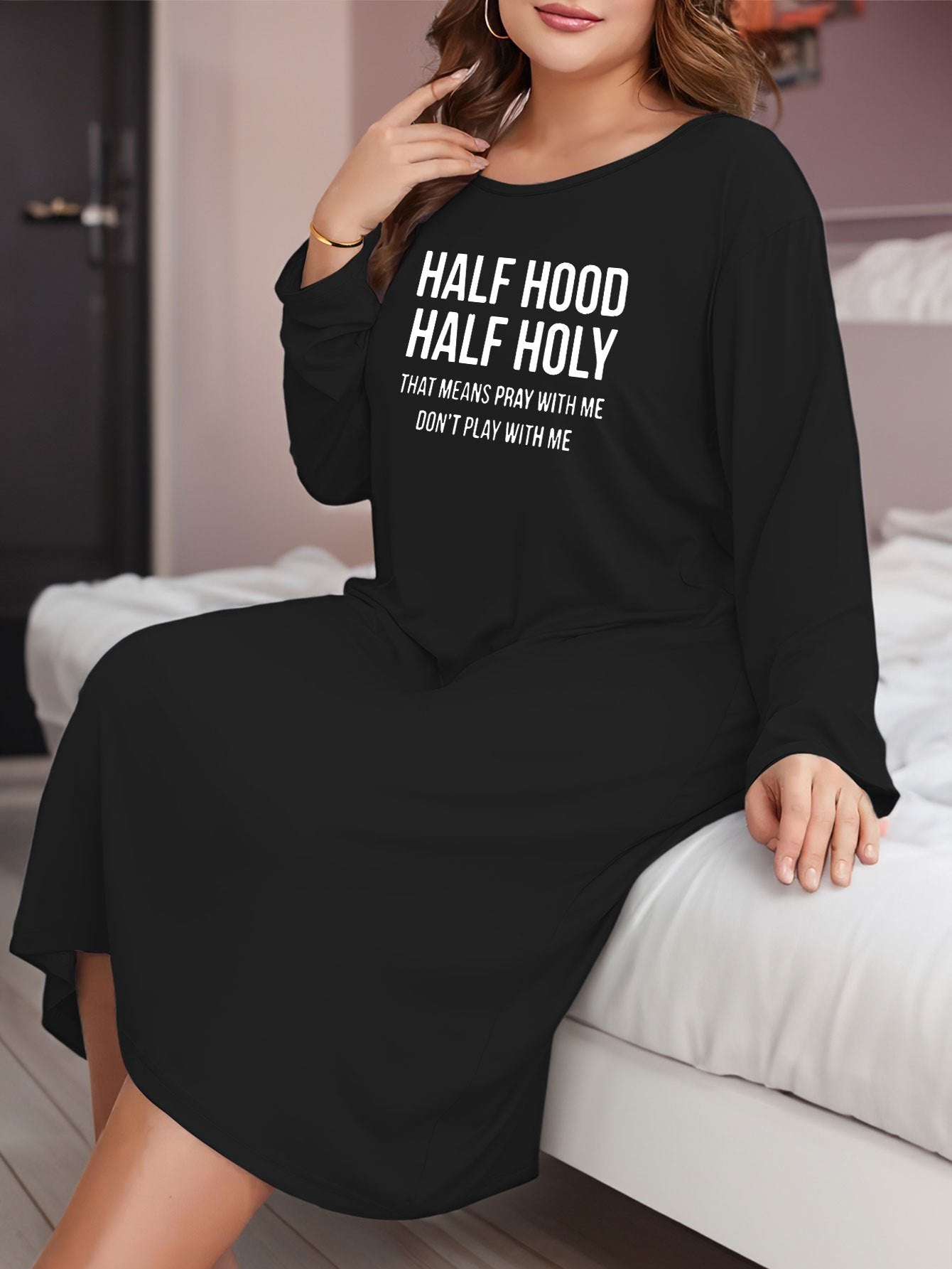 Lounge Dress Women's Plus Letter Print Long Sleeve Nightdress