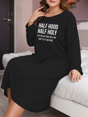Lounge Dress Women's Plus Letter Print Long Sleeve Nightdress