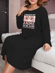 Anime Figure & Letter Print Long Sleeve Plus Size Lounge Dress T-shirt