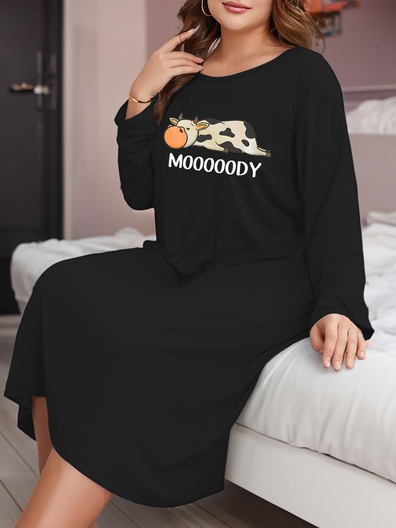 Cow & Letter Print Long Sleeve Dress