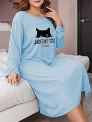 Cat & Letter Print Lounge Dress Long Sleeve Round Neck Nightdress