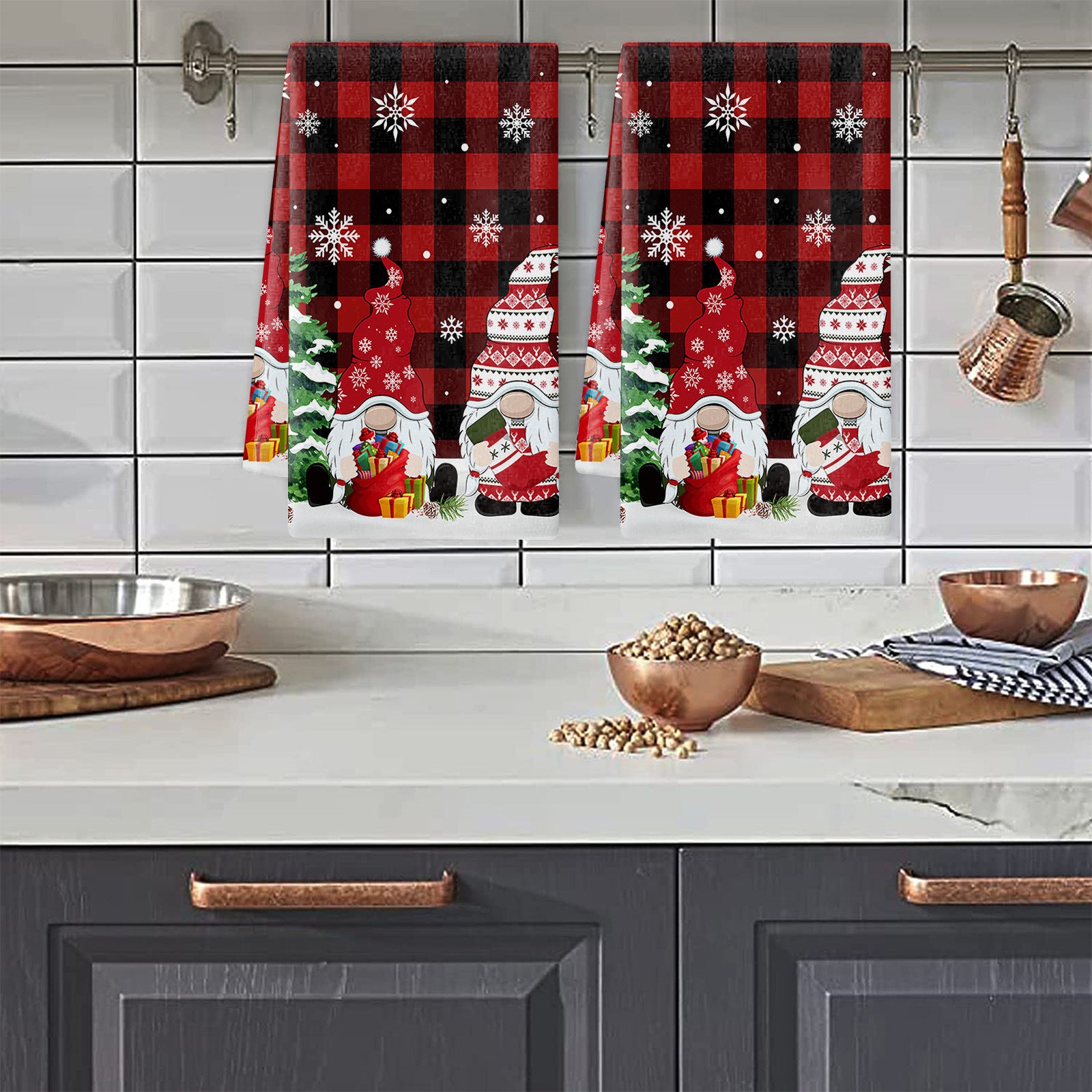 2pcs Christmas Plaid Dish Towels Snowman Pattern Cleaning Cloth