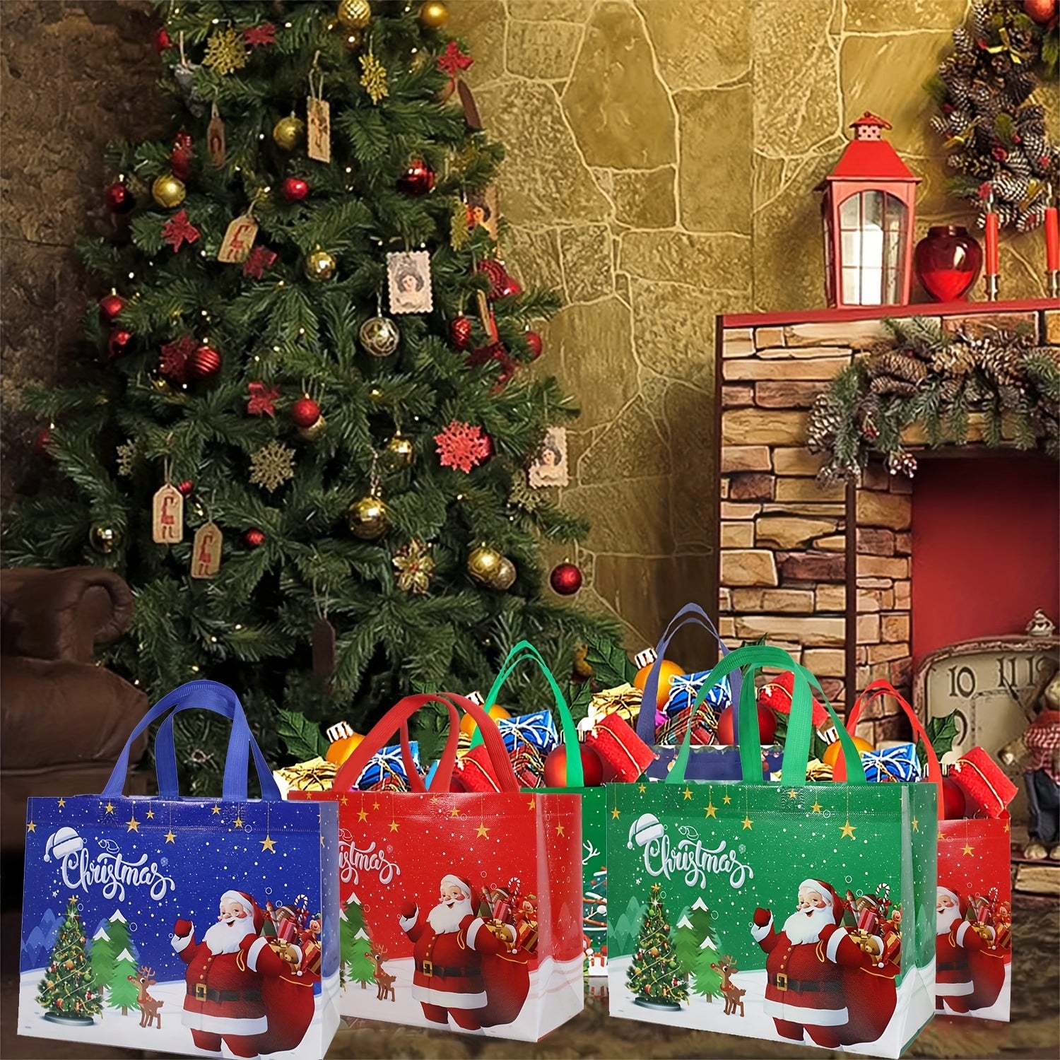 10pcs Christmas Gift Bags - Medium Non-woven Tote Bags for Christmas Party