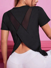 Contrast Mesh Sporty T Shirt Short Sleeves Crew Neck Sports Tee