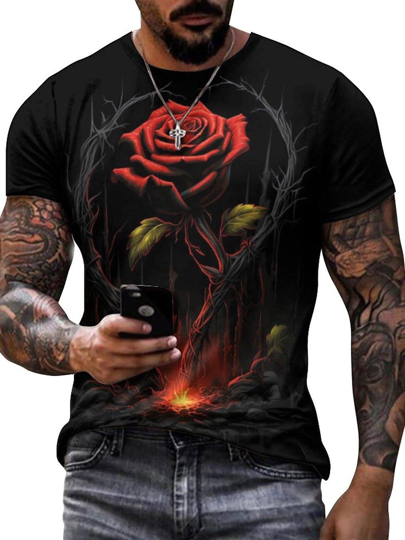 Red Rose 3D Print Men's Novelty t-shirt for Summer