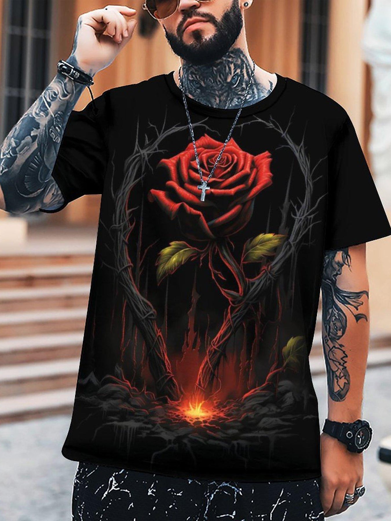 Red Rose 3D Print Men's Novelty t-shirt for Summer