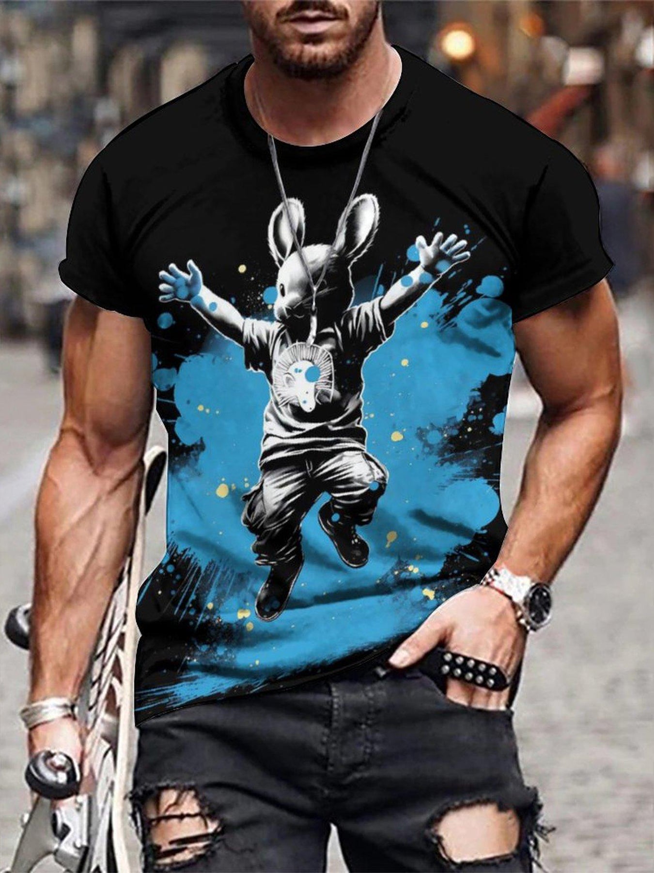 Stylish Bunny 3D Digital Pattern Men's Graphic Tee Short Sleeve Top