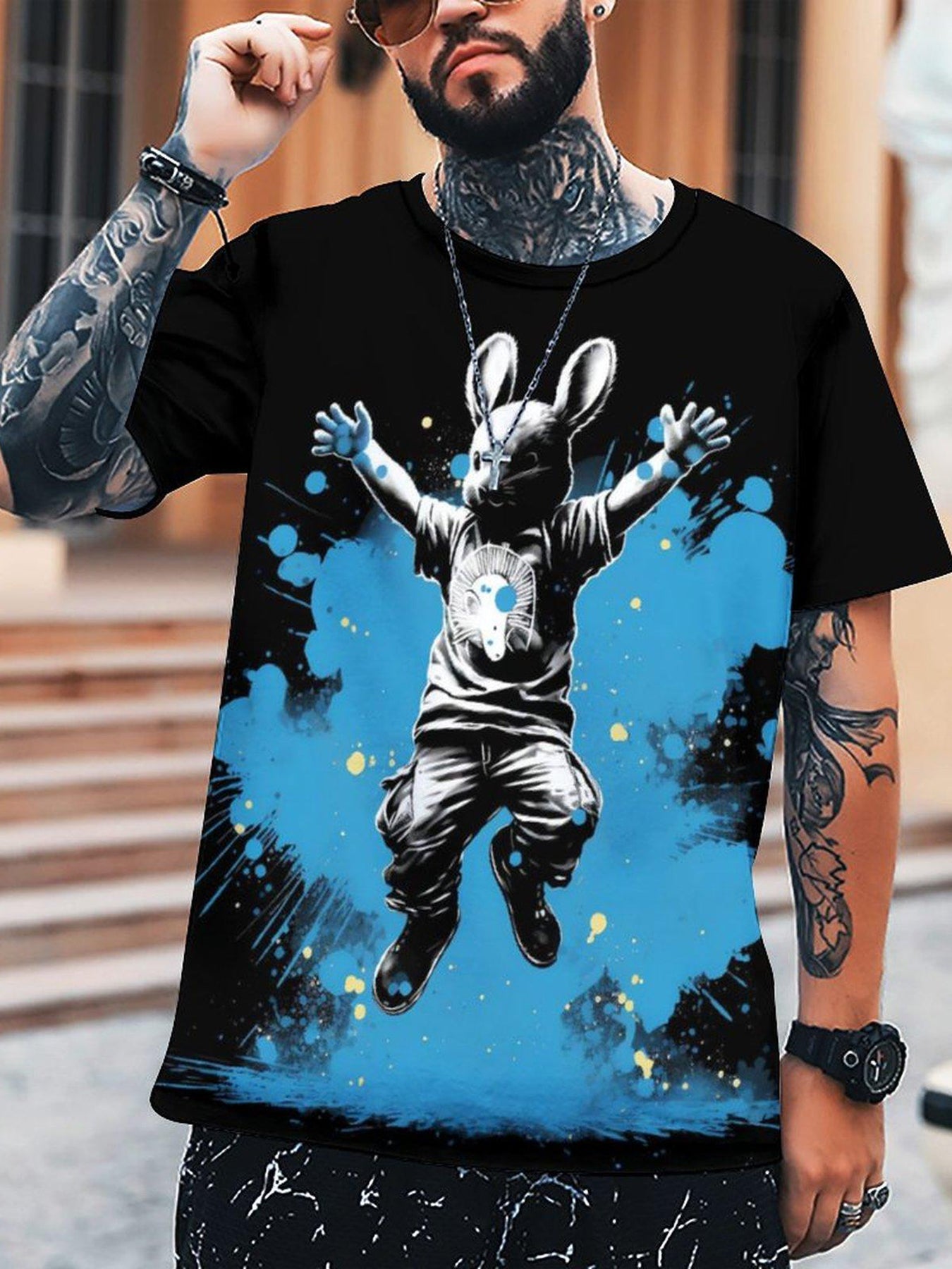 Stylish Bunny 3D Digital Pattern Men's Graphic Tee Short Sleeve Top