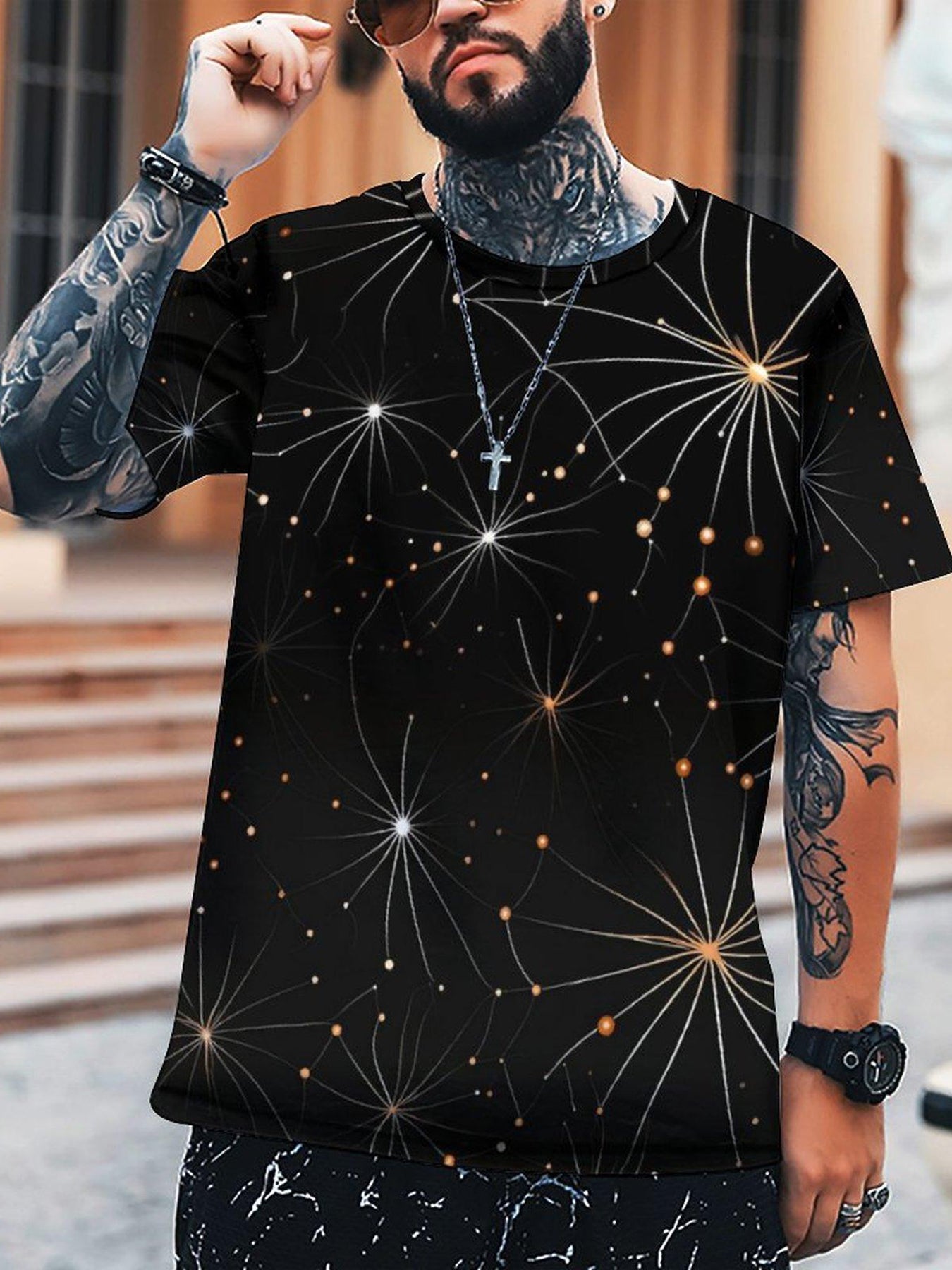 Men's Shining Stars Print Short Sleeve T-shirt for Summer