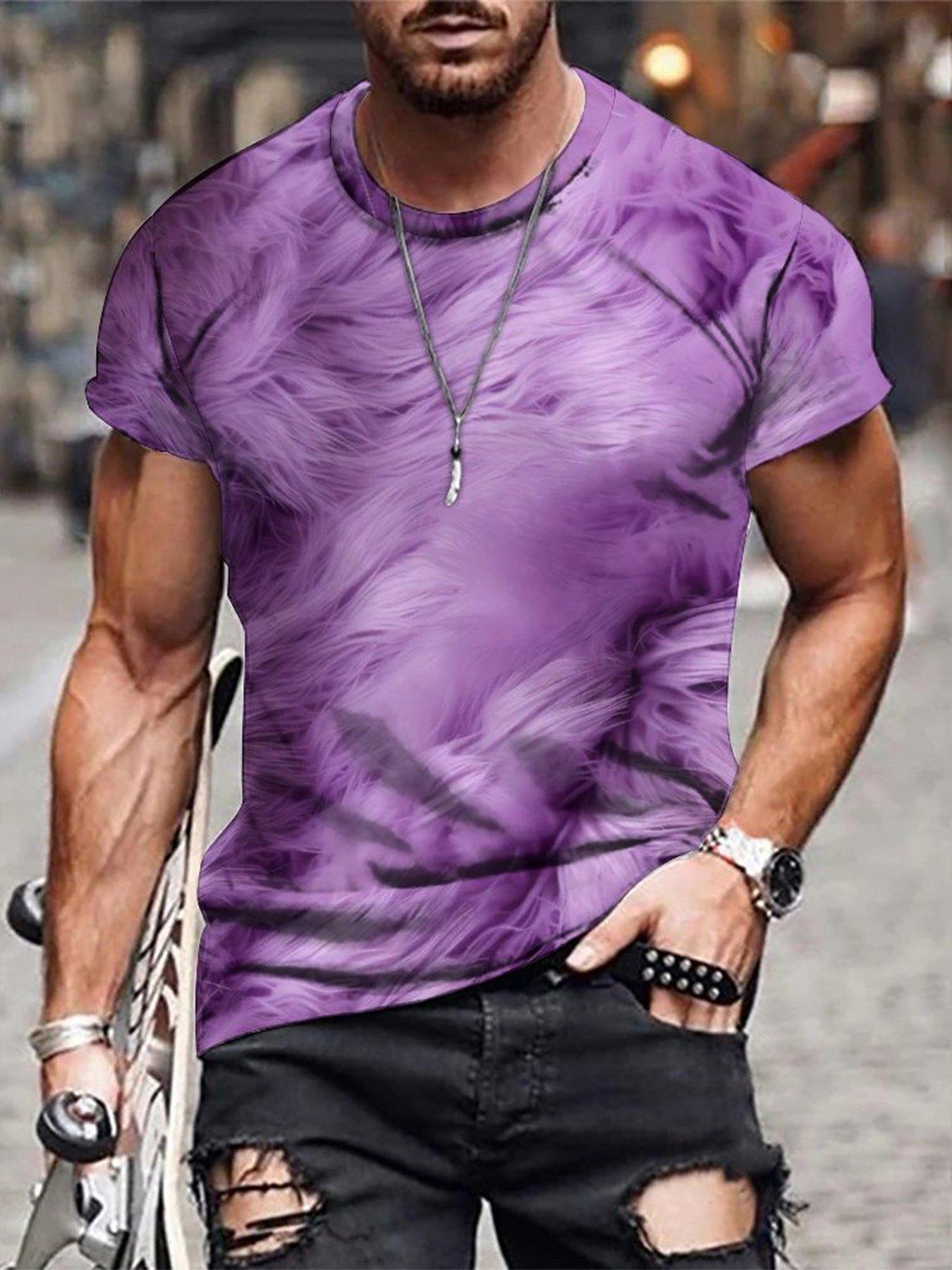 Men's Faux Fur 3D Print T Shirt Casual Short Sleeve Top