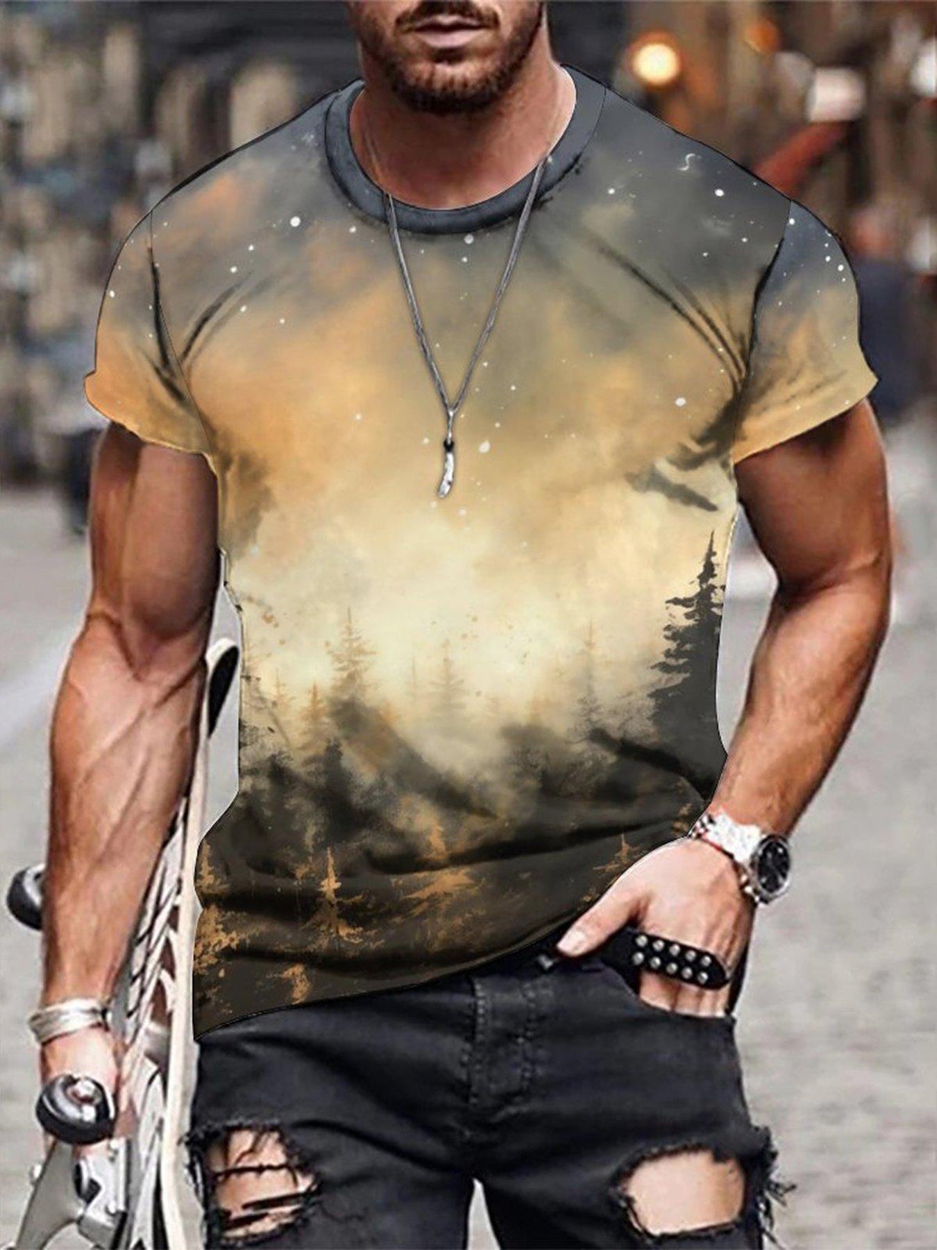 Men's Forest In Dusk And Falling Snowflakes Print Short Sleeve T shirt