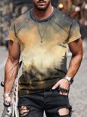 Men's Forest In Dusk And Falling Snowflakes Print Short Sleeve T shirt