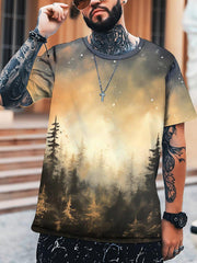 Men's Forest In Dusk And Falling Snowflakes Print Short Sleeve T shirt