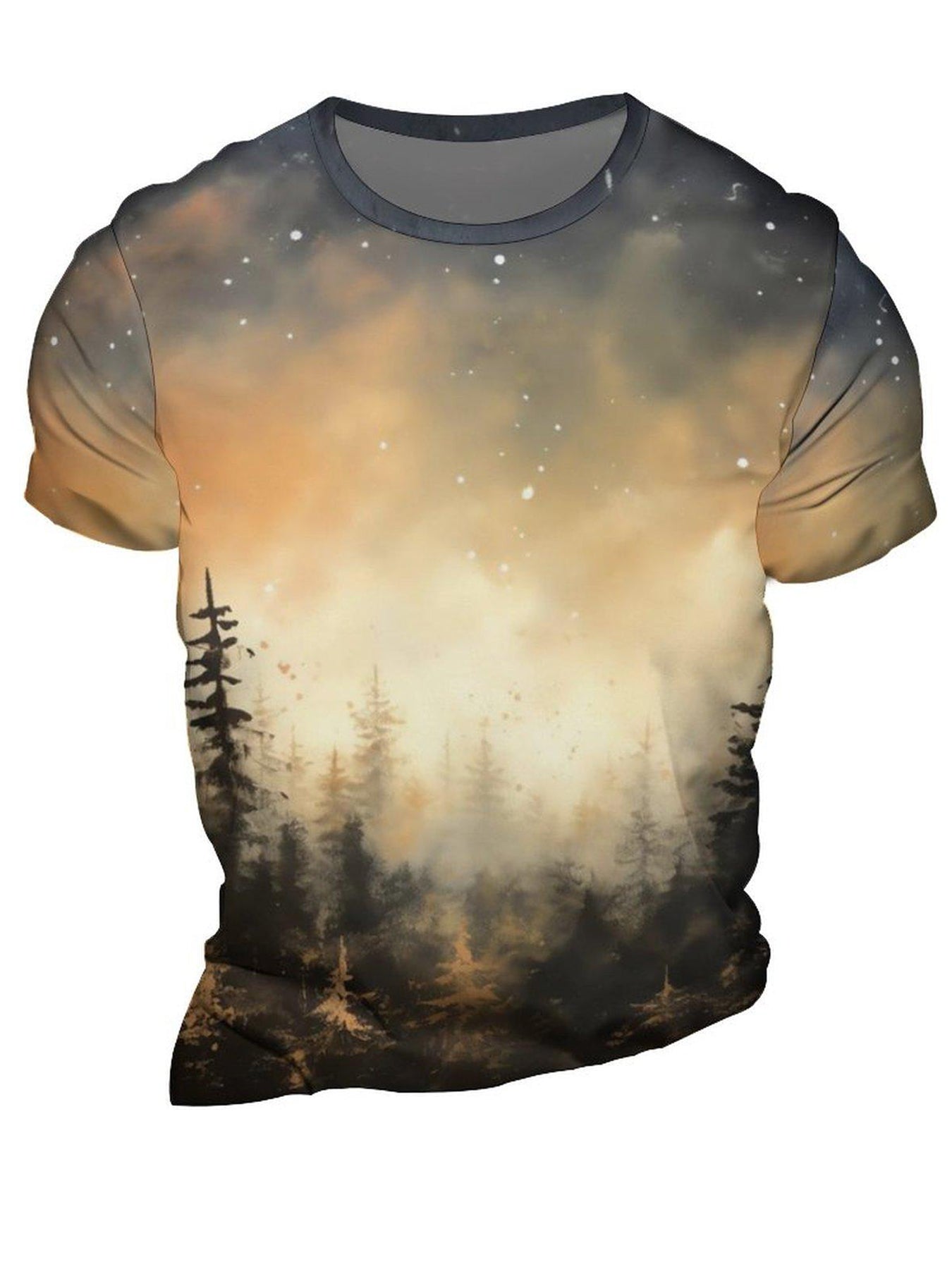 Men's Forest In Dusk And Falling Snowflakes Print Short Sleeve T shirt