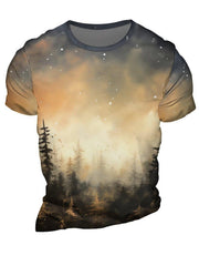 Men's Forest In Dusk And Falling Snowflakes Print Short Sleeve T shirt