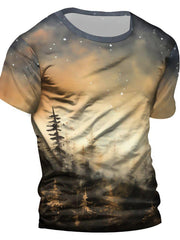 Men's Forest In Dusk And Falling Snowflakes Print Short Sleeve T shirt