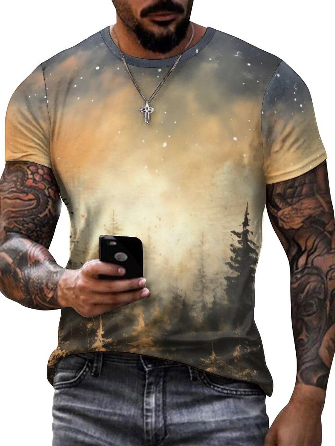 Men's Forest In Dusk And Falling Snowflakes Print Short Sleeve T shirt