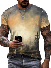 Men's Forest In Dusk And Falling Snowflakes Print Short Sleeve T shirt