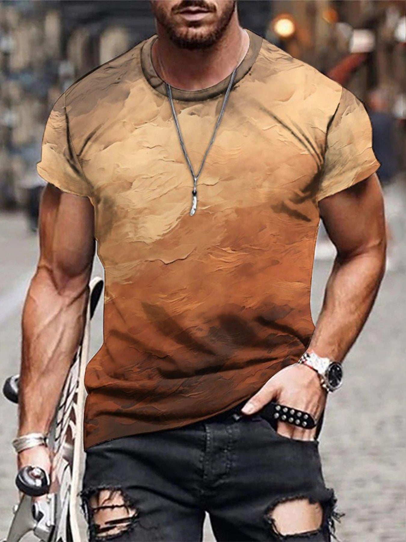 Men's Gradient Print Short Sleeve T-shirt for Summer