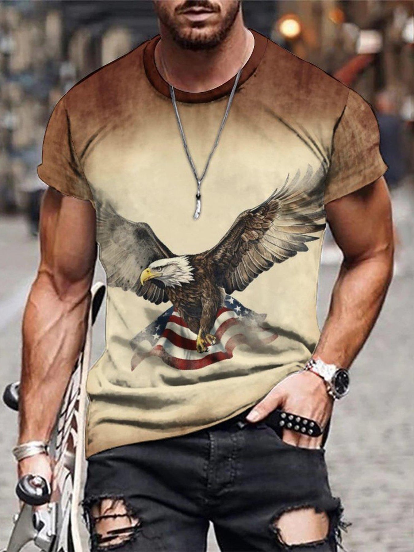 Eagle Pattern Gradient Men's Tee Summer Stylish Shirt