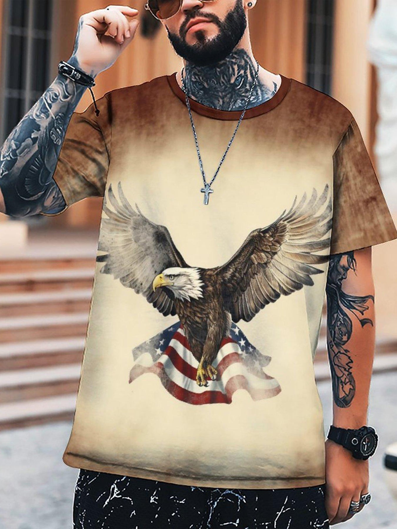 Eagle Pattern Gradient Men's Tee Summer Stylish Shirt