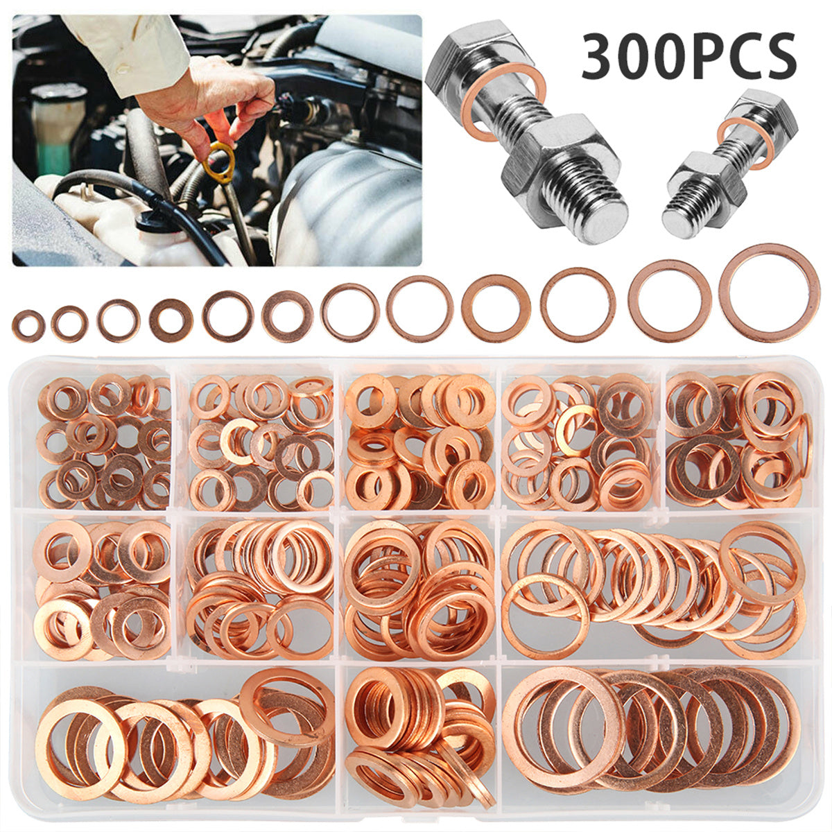 300pcs Copper Washers 12 Sizes O Ring Gaskets Set with Storage
