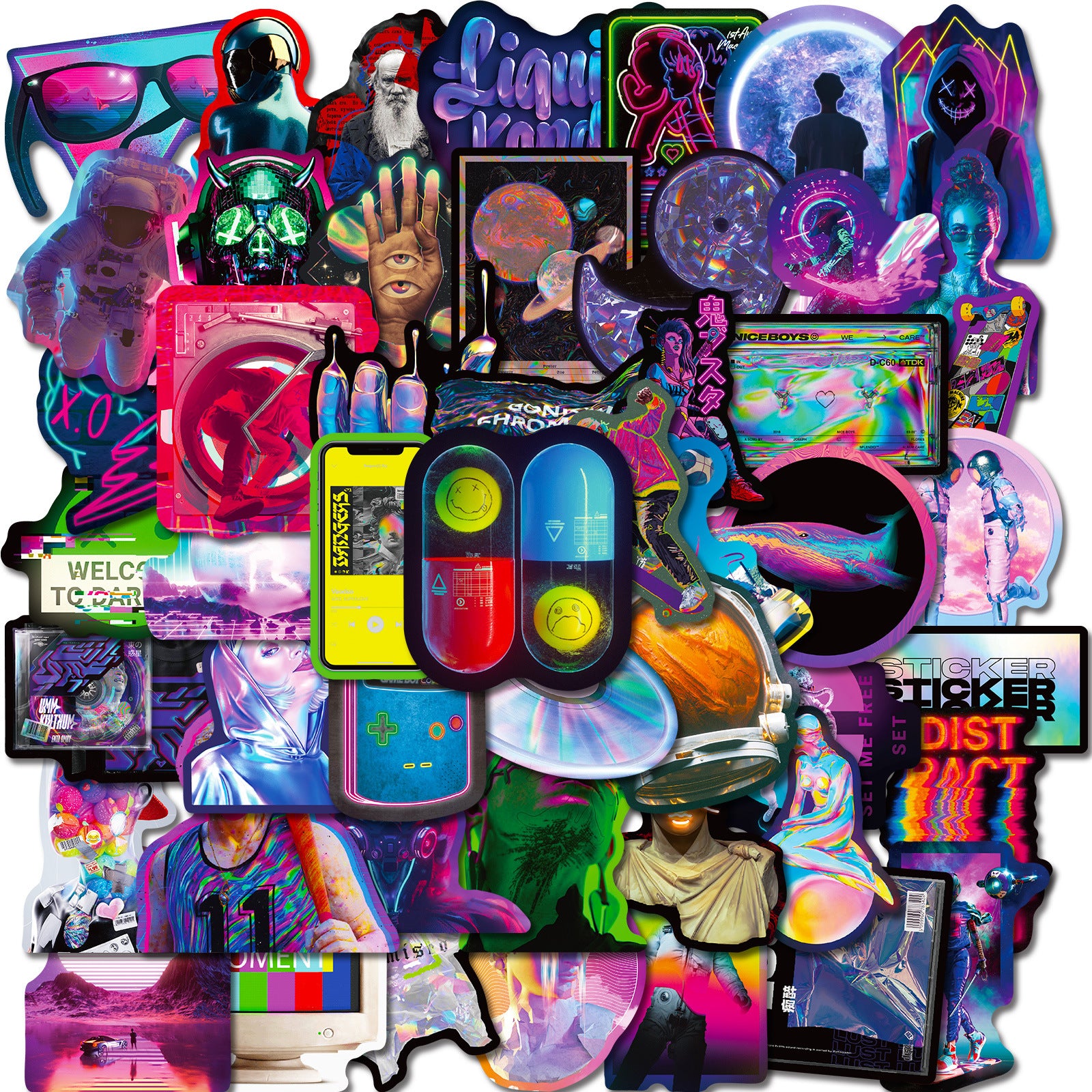 50pcs Holographic Laser Style Stickers for DIY Skateboard Guitar Cup