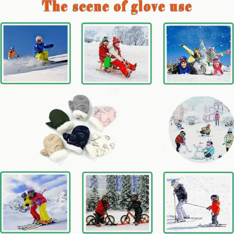 Kids Winter Dinosaur Ski Mittens Plush Thick Warm Cartoon Anti Cold Gloves