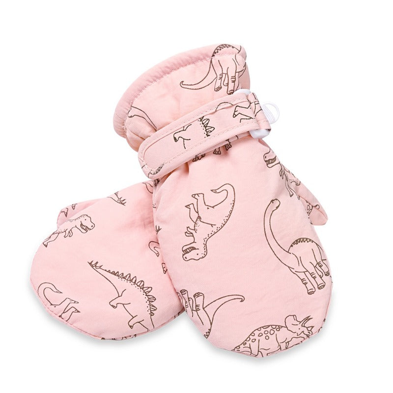 Kids Winter Dinosaur Ski Mittens Plush Thick Warm Cartoon Anti Cold Gloves