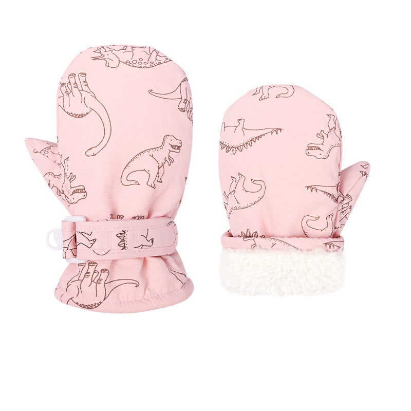 Kids Winter Dinosaur Ski Mittens Plush Thick Warm Cartoon Anti Cold Gloves