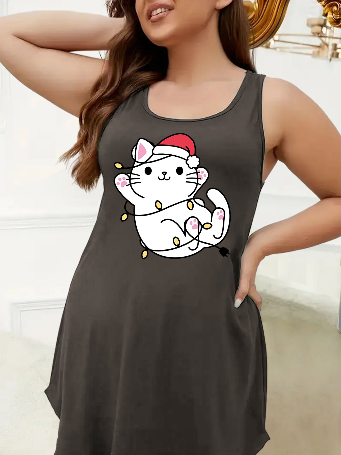Christmas Nightdress Women's Plus Christmas Cat Print Racer Back Tank