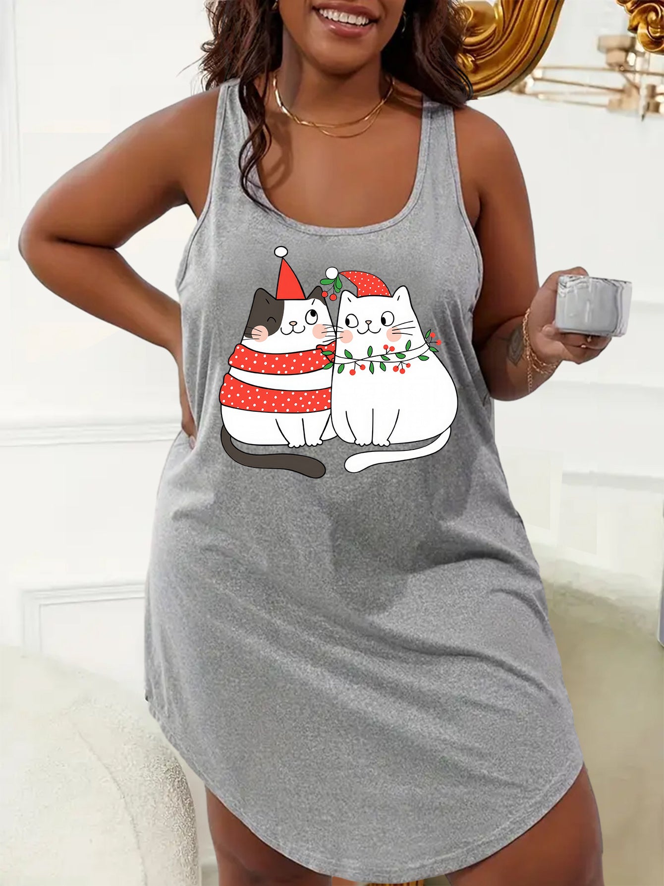 Christmas Nightdress Women's Plus Christmas Cat Print Racer Back