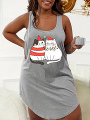 Christmas Nightdress Women's Plus Christmas Cat Print Racer Back