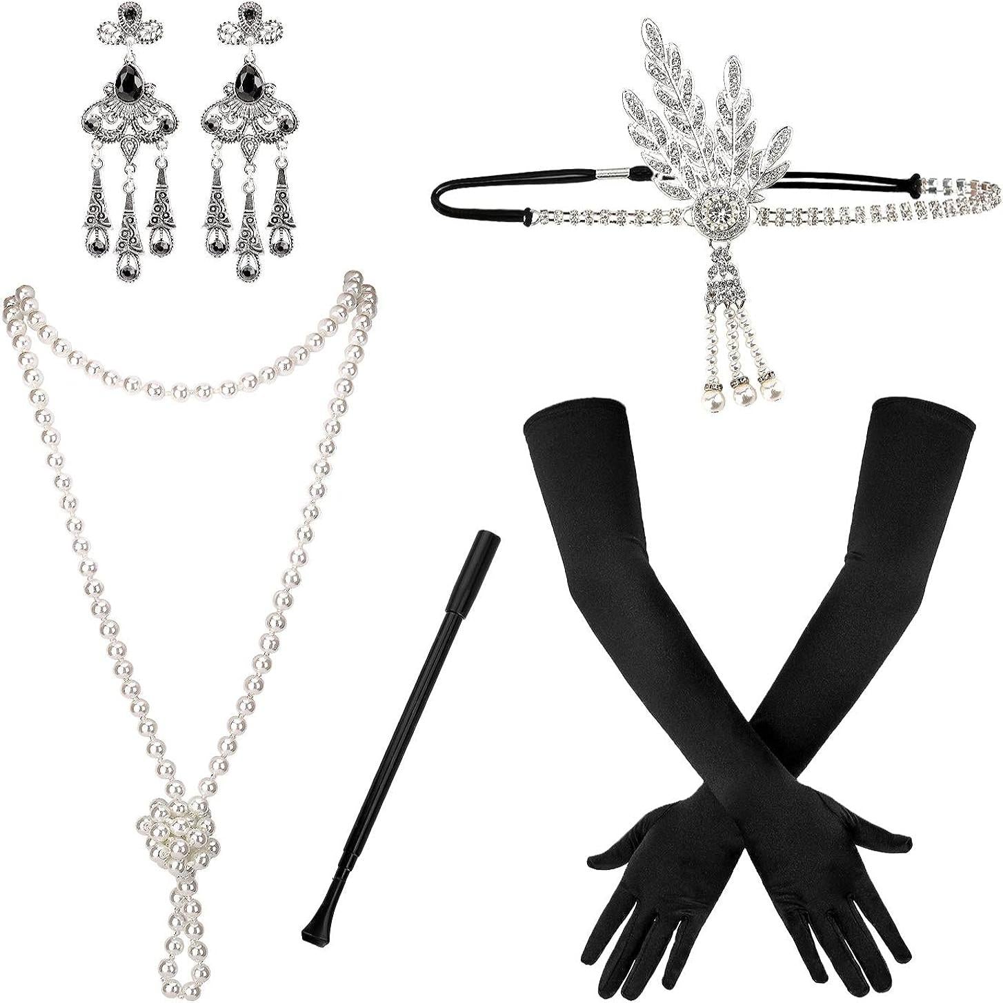 1920s Women's Costume Accessories Set - Headband, Earrings, Necklace, Gloves