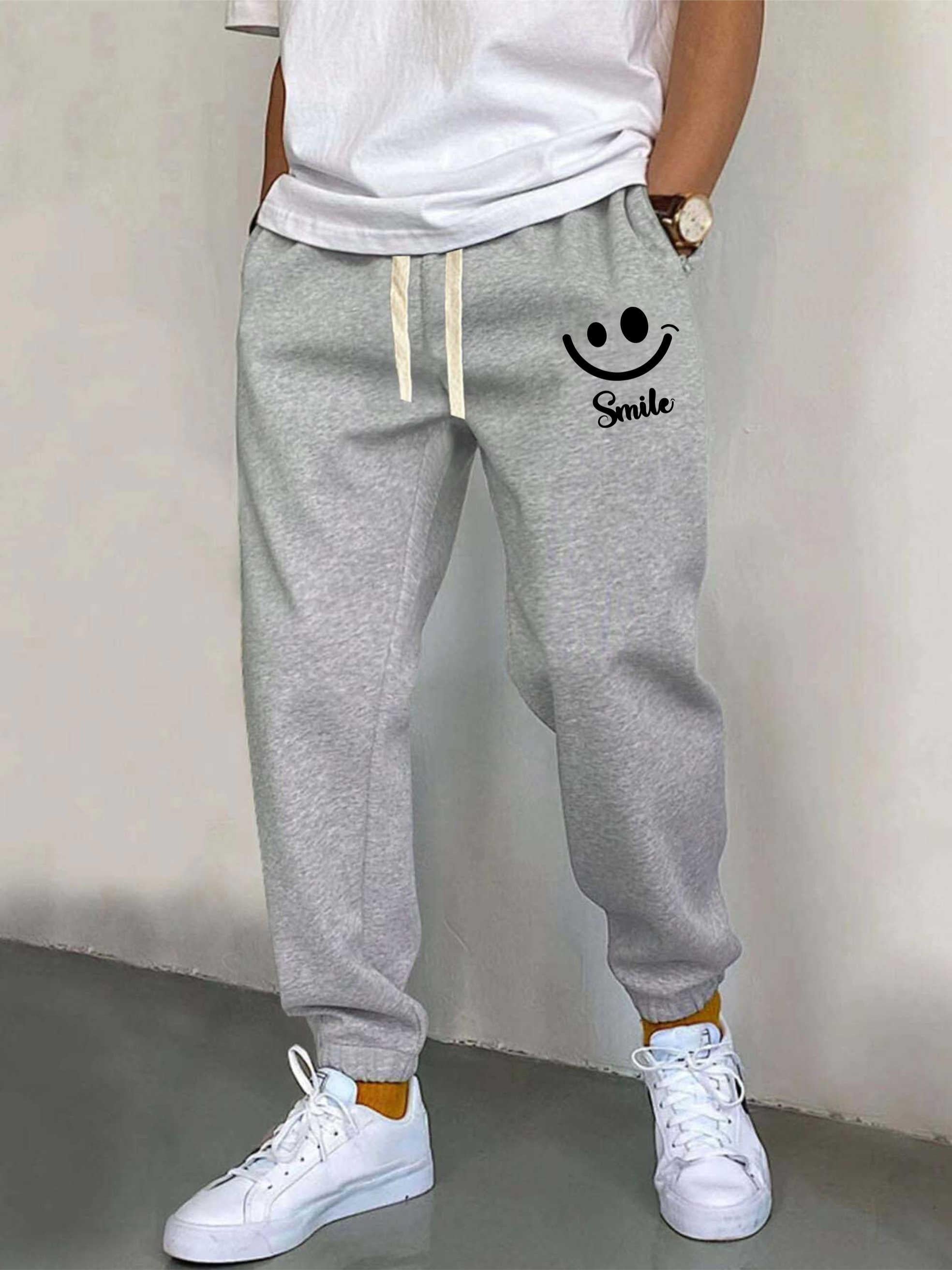 Cartoon Smiling Face Print Men's Pants Drawstring Active Trousers