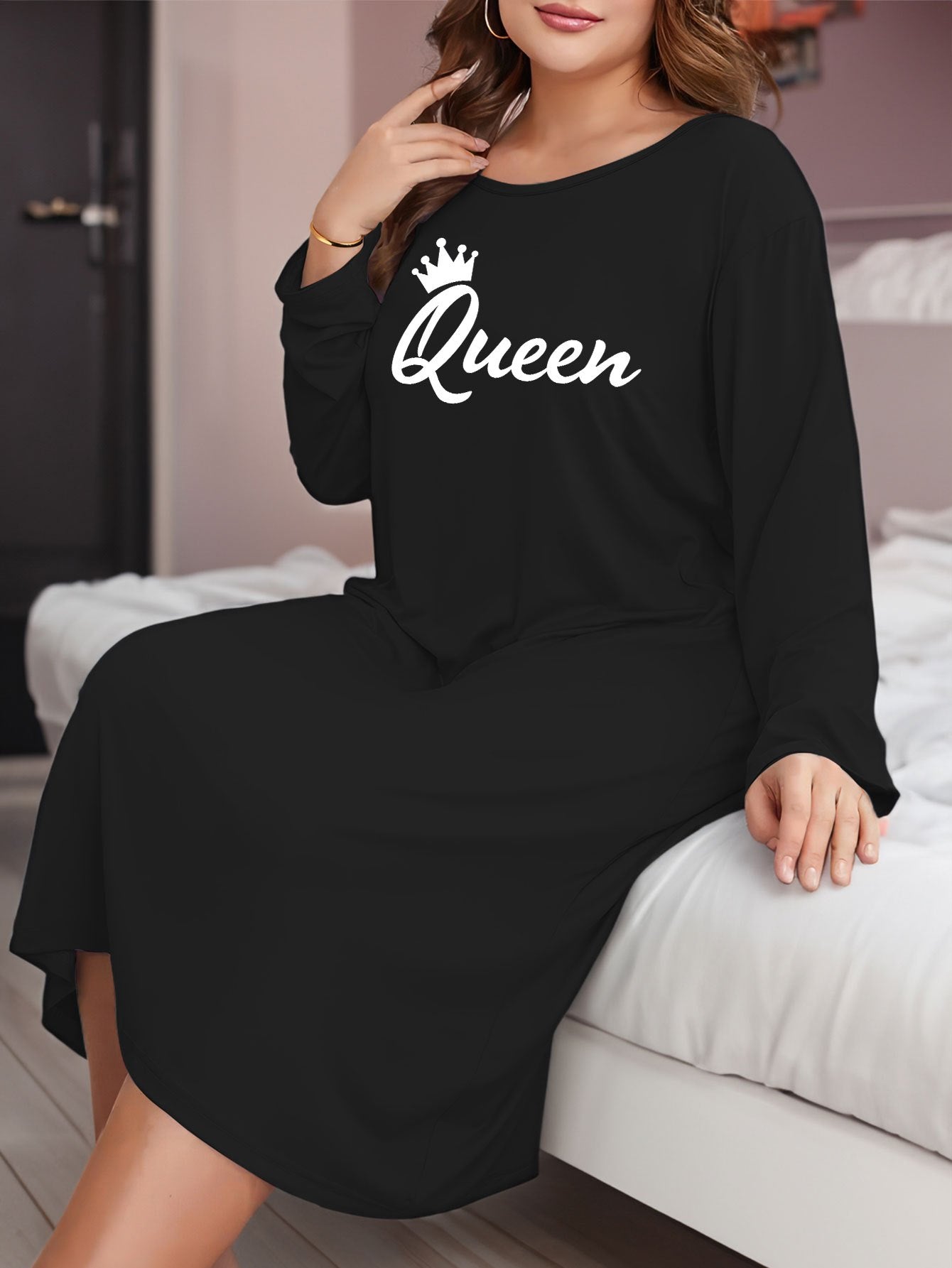 Crown & Letter Print Long Sleeve Tee Sleep Dress