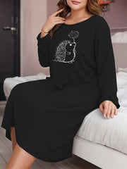 Hedgehog & Dandelion Print Lounge Dress Long Sleeve Round Neck Tee
