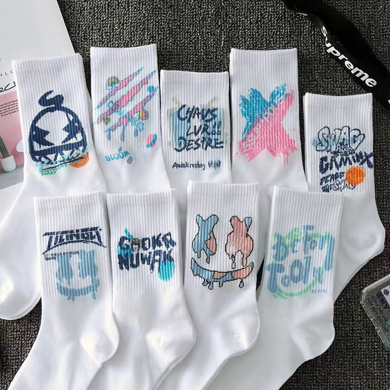 5 Pairs Graffiti Crew Socks Student Sports Basketball Anti-Odor