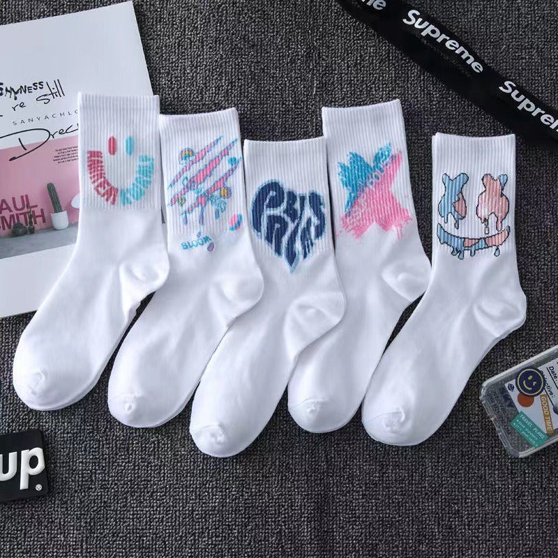 5 Pairs Graffiti Crew Socks Student Sports Basketball Anti-Odor