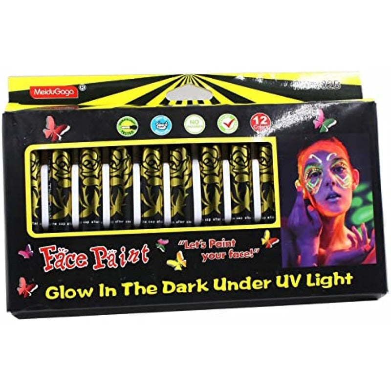 12 Pack Glow In The Dark Paint Face & Body Crayons